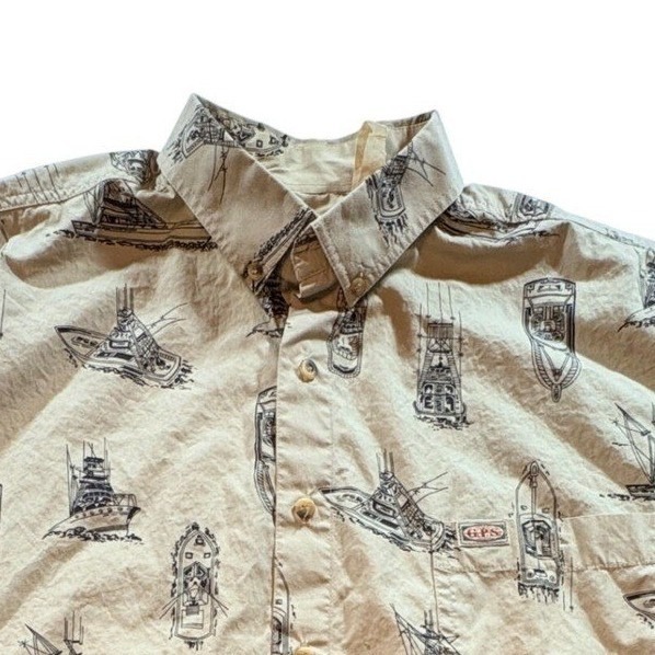Global Tracking Boat Print Shirt Mens Large Tan Short Sleeve Nautical Fishing